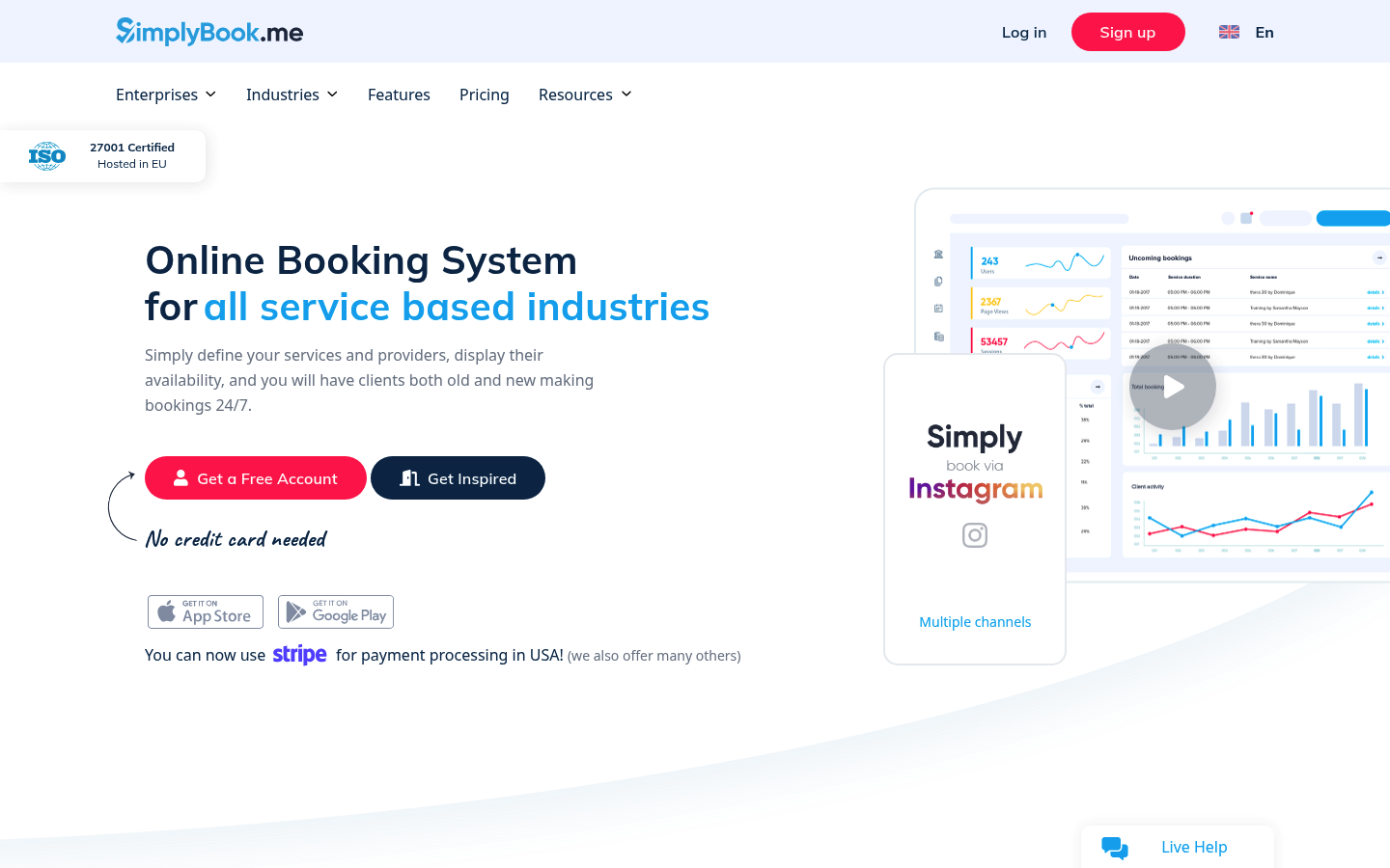 Screenshot of the SimplyBook.me homepage showing online booking system positioning and primary navigation