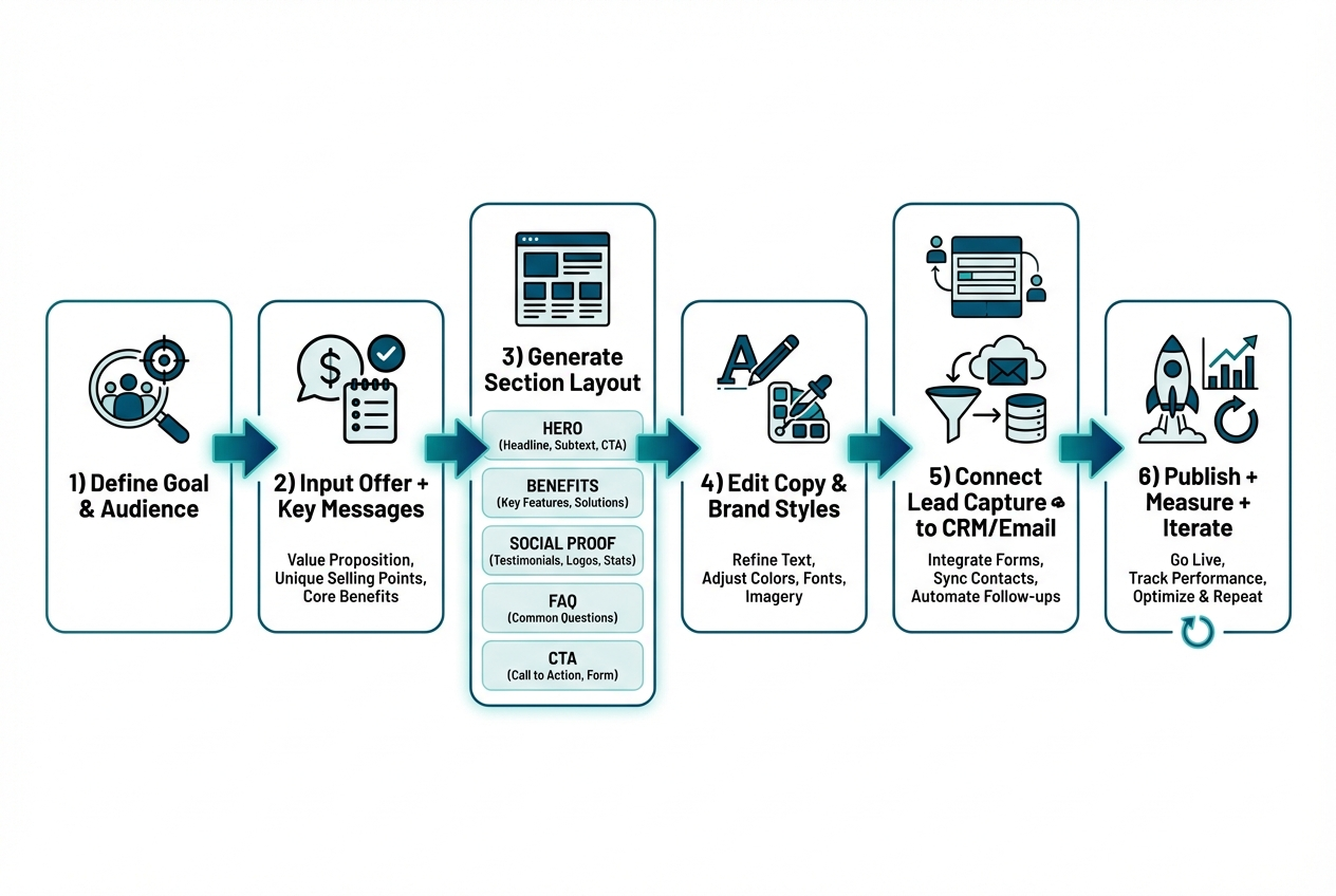 Diagram showing a landing page workflow from goal selection to AI generation, editing, integrations, tracking, and iteration