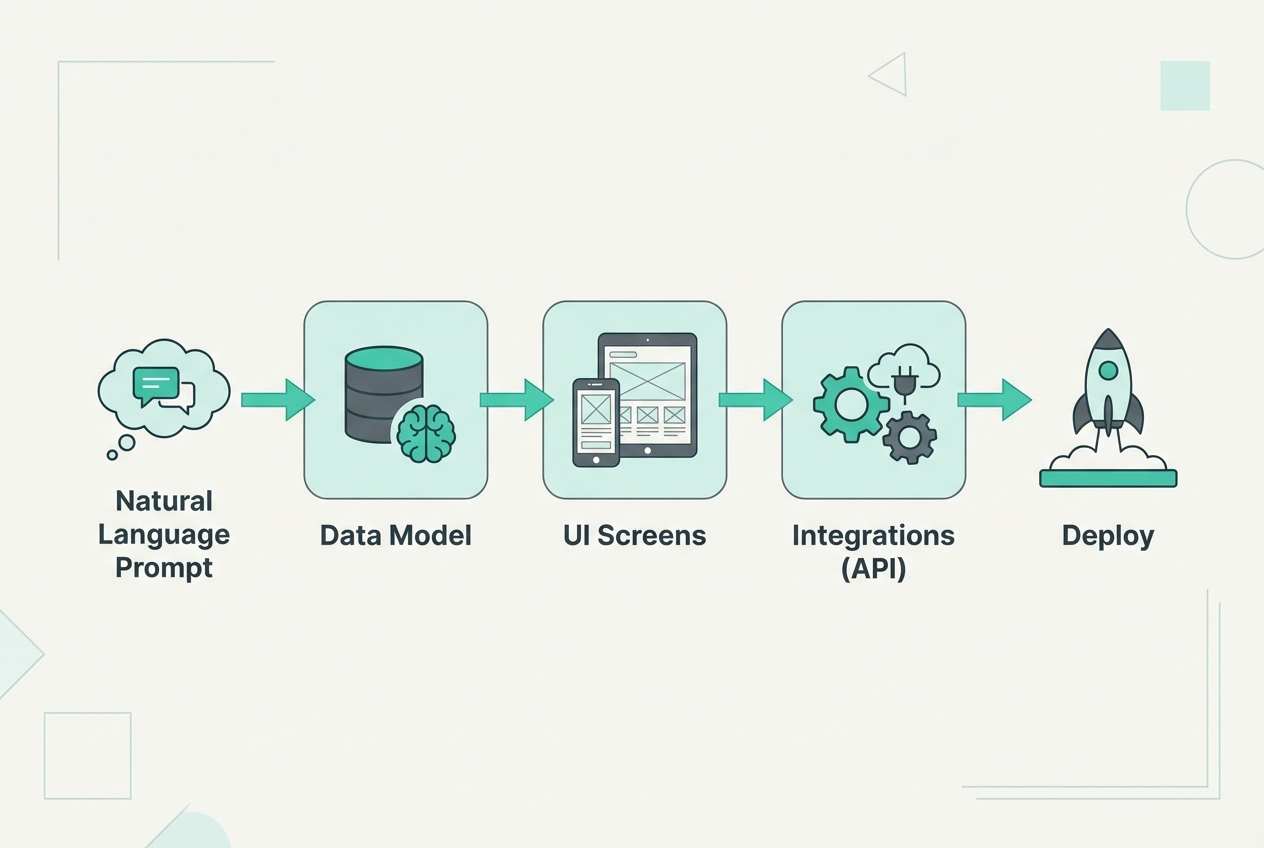 Diagram of an AI-powered app builder workflow from prompt to deployment