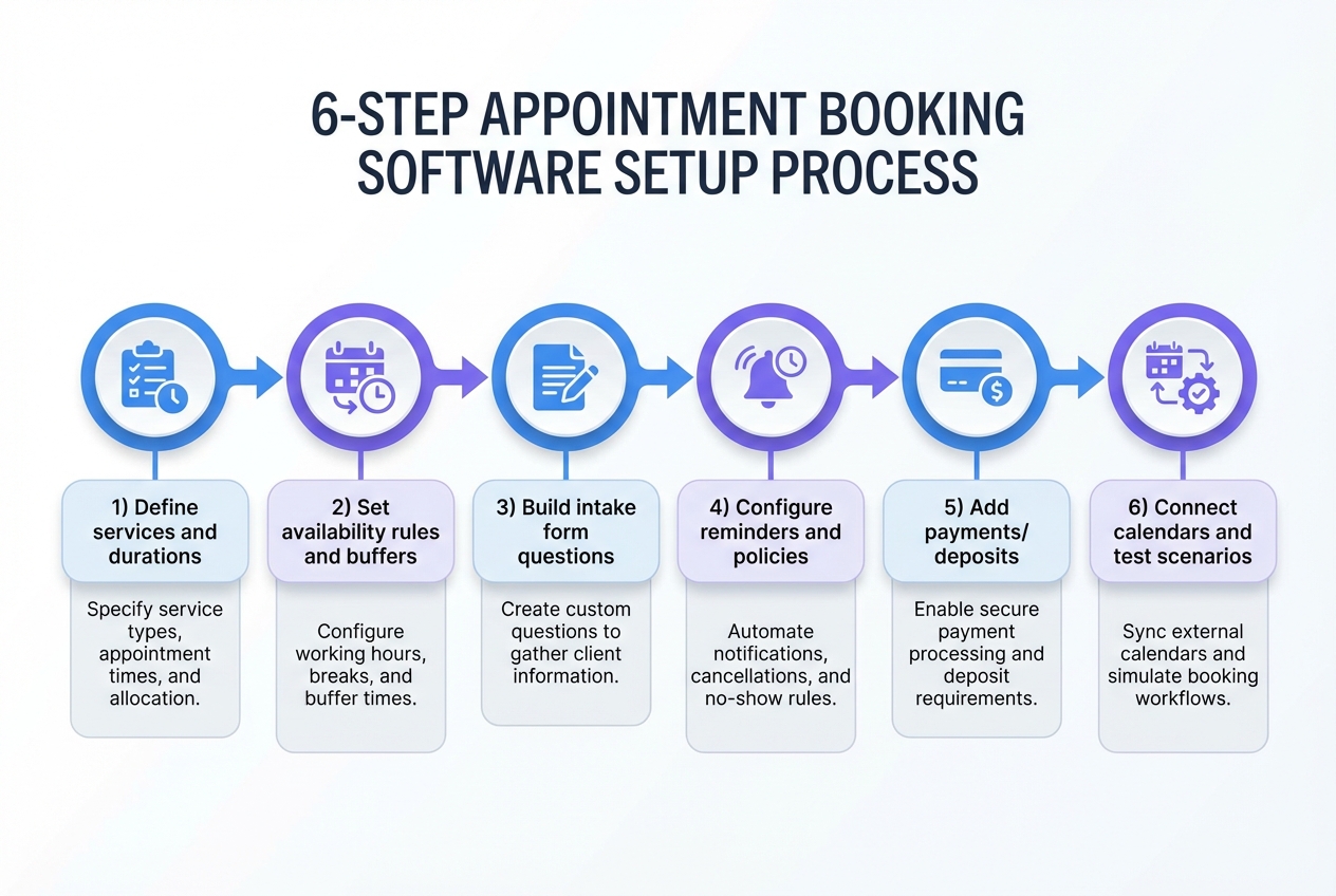 Diagram showing a six-step setup process for appointment booking software: services, availability, intake, reminders, payments, and calendar testing