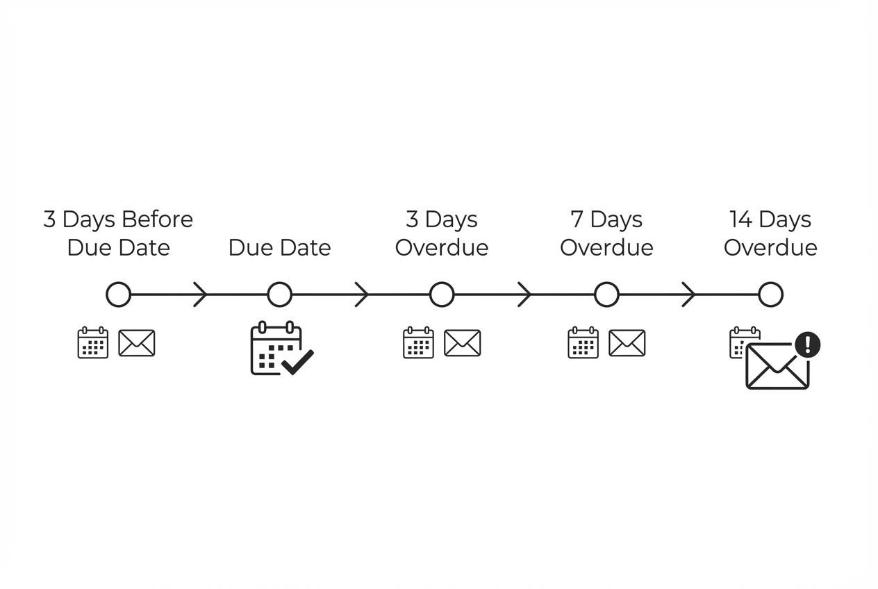 Timeline diagram showing reminder schedule at -3 days, due date, +3, +7, +14