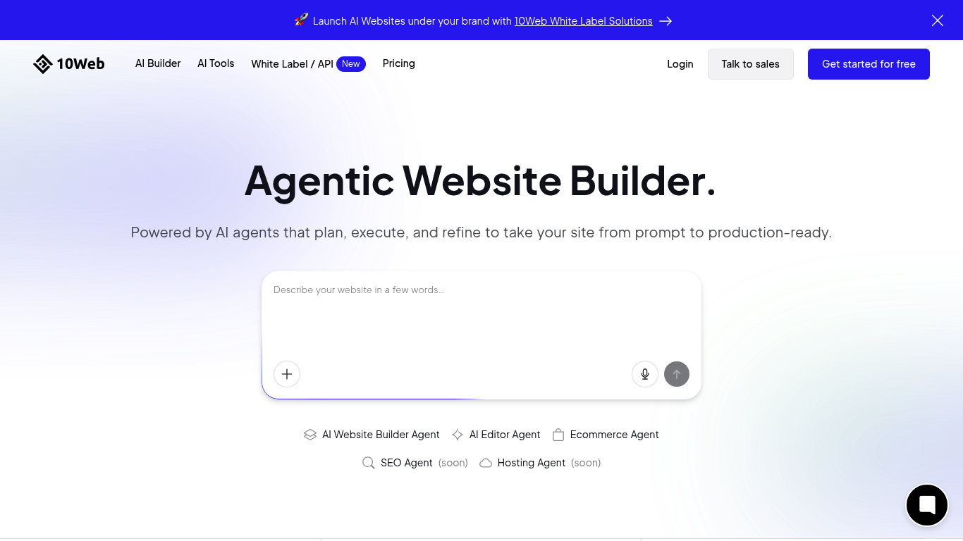 Screenshot of the 10Web homepage focused on AI WordPress website building
