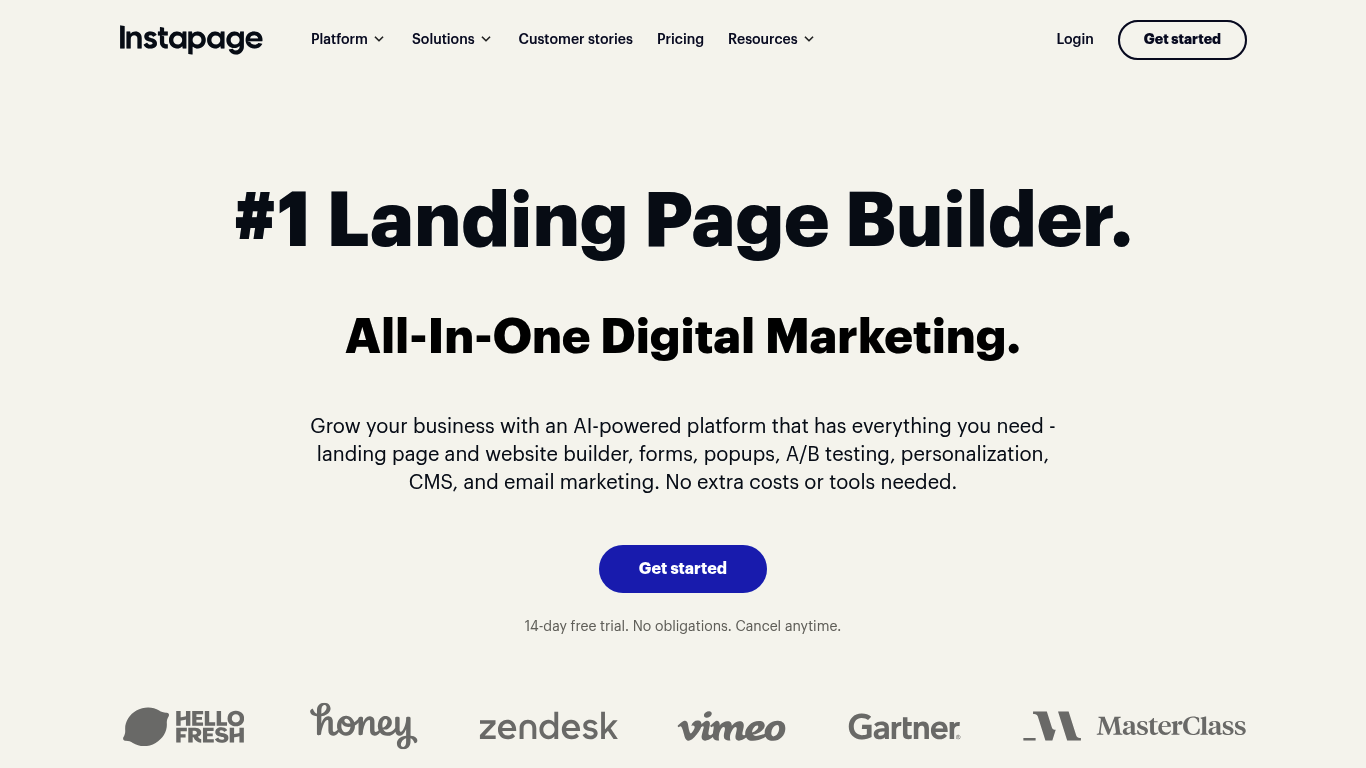 Screenshot of the Instapage homepage for landing page creation and campaign workflows