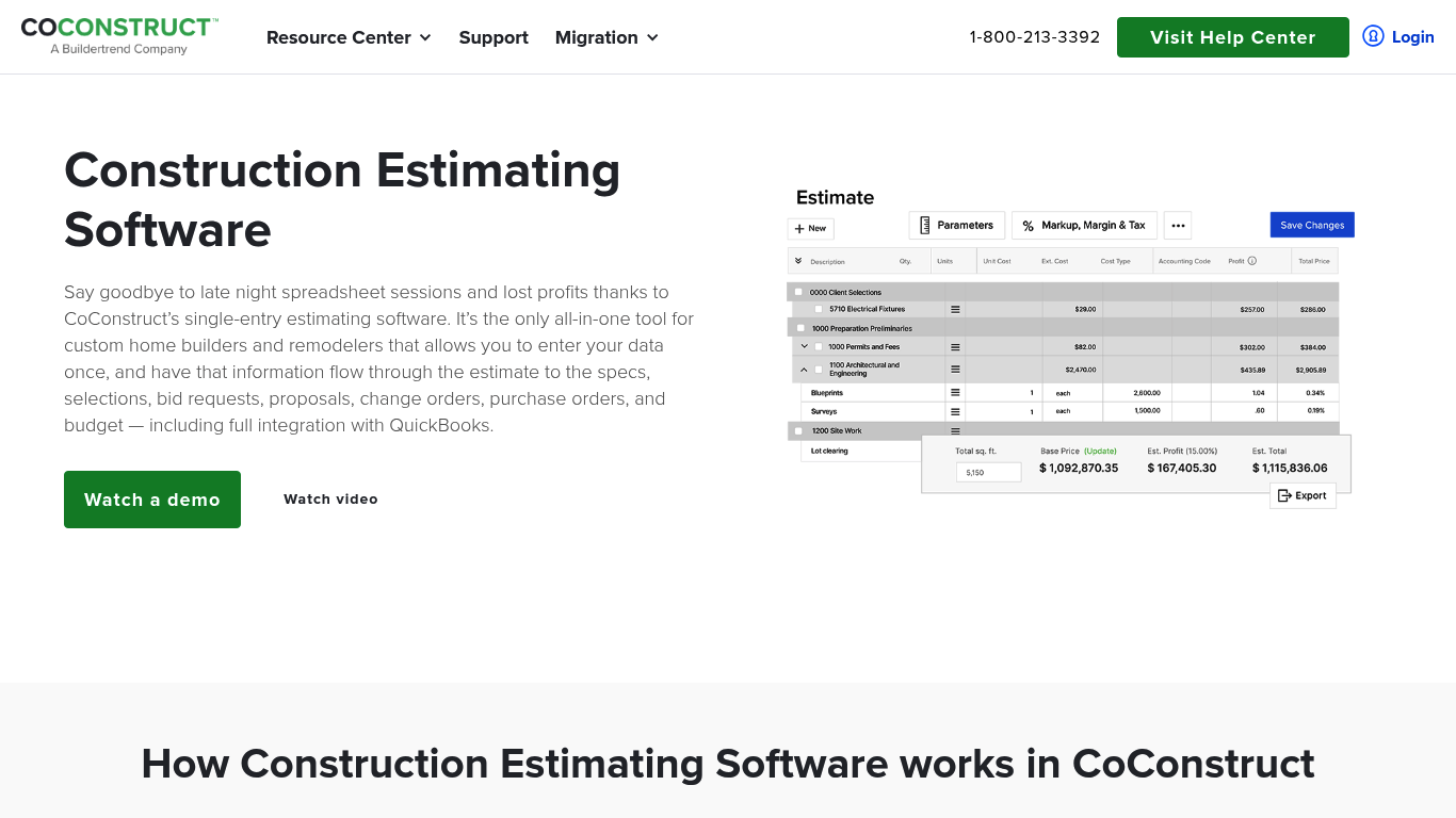 Screenshot of CoConstruct estimating software page