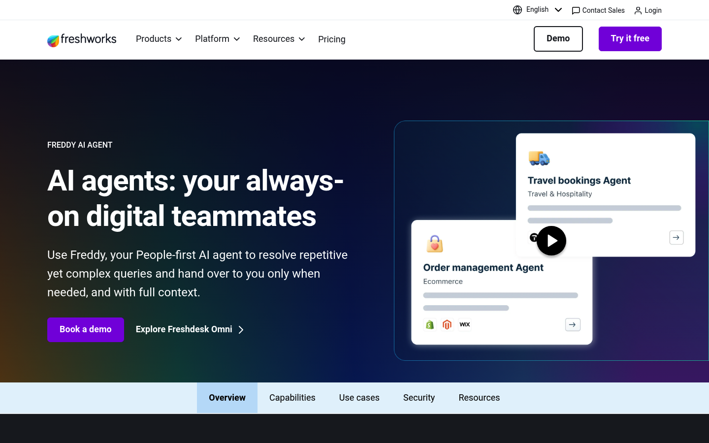 Freshdesk Freddy AI Agent product page for omnichannel support