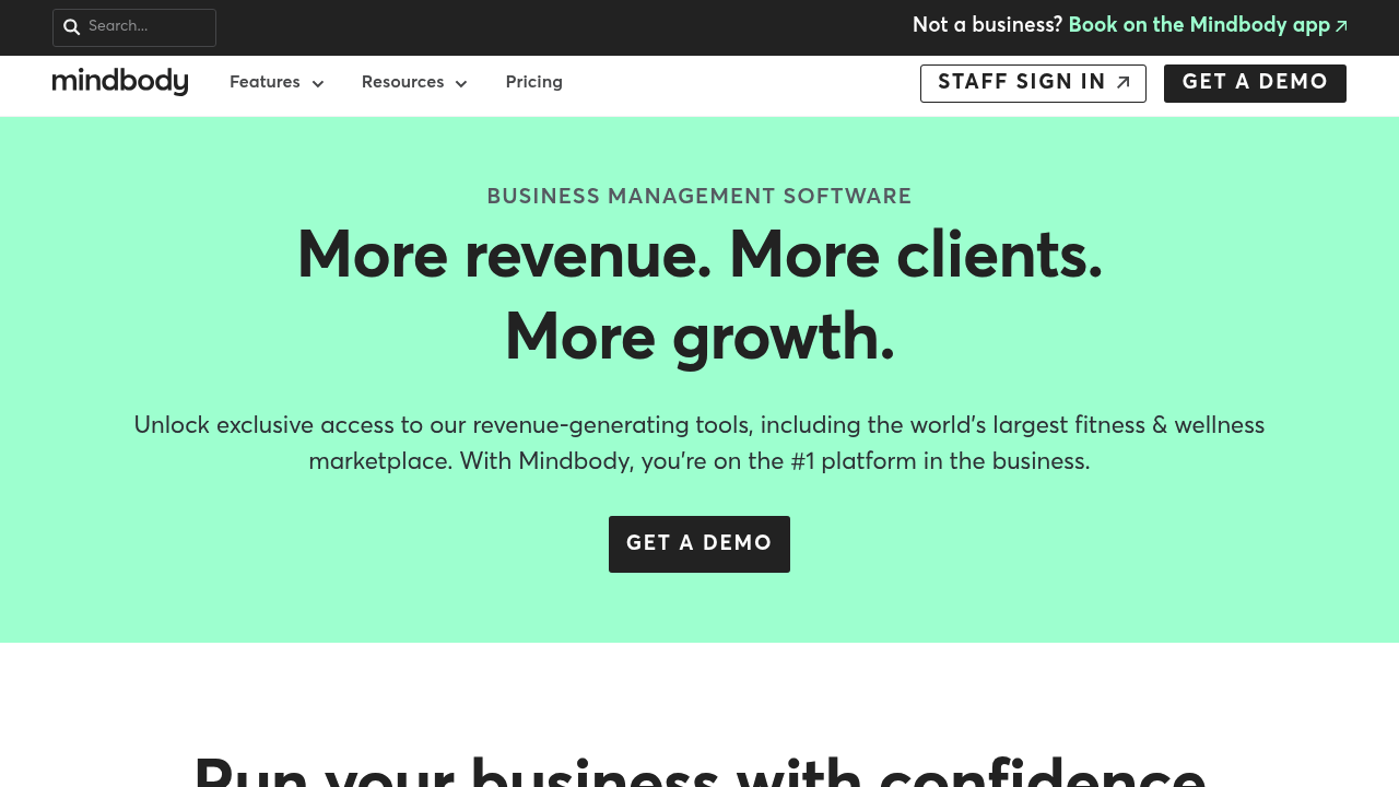 Mindbody website homepage showing business management software for fitness studios