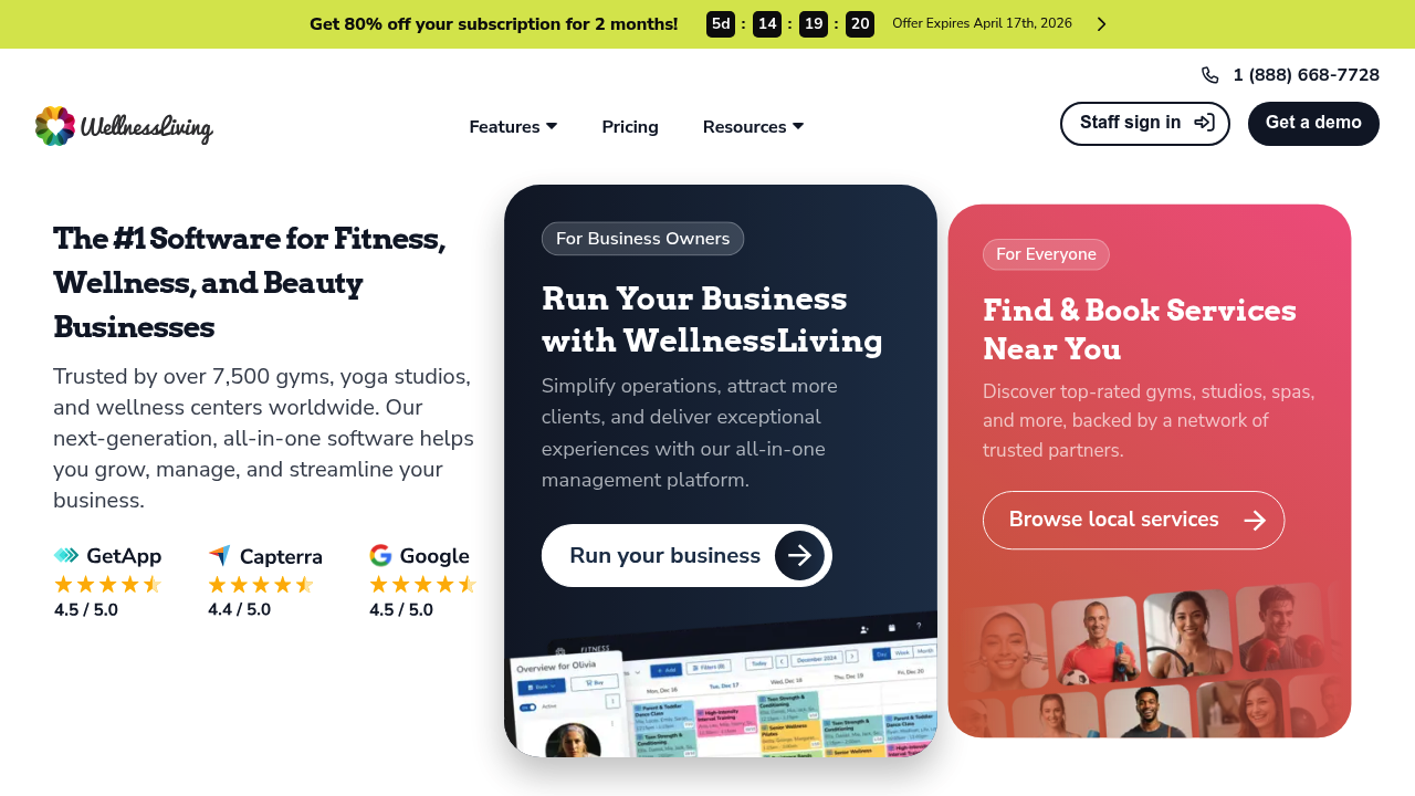 WellnessLiving website homepage showing fitness and wellness business management platform