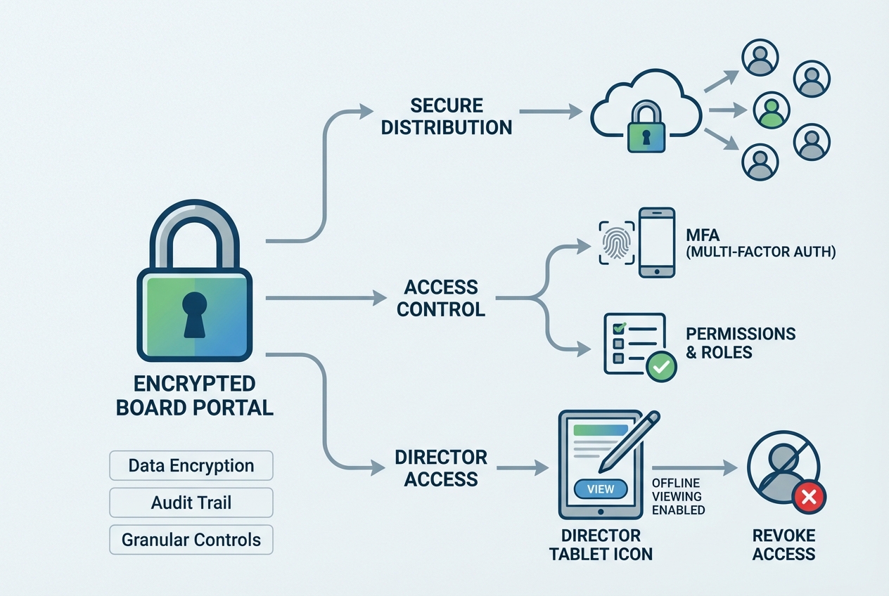 Diagram showing secure portal distribution with permissions, MFA, and offline access