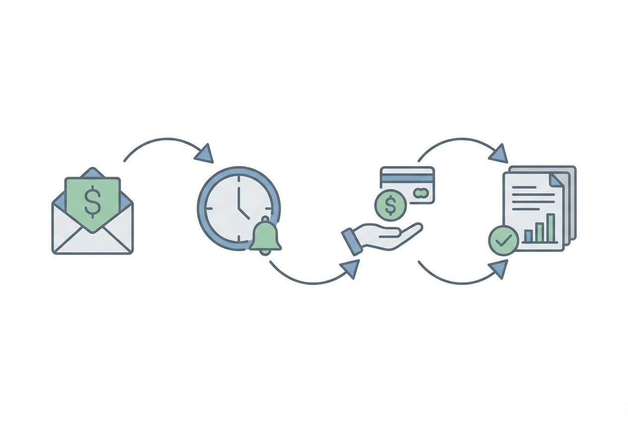 Illustration of an automated invoicing workflow: invoice sent, reminder, payment received, ledger updated