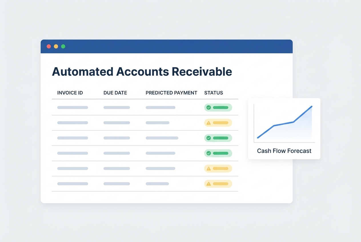 Screenshot-style illustration of an AR dashboard with predicted vs actual payment dates