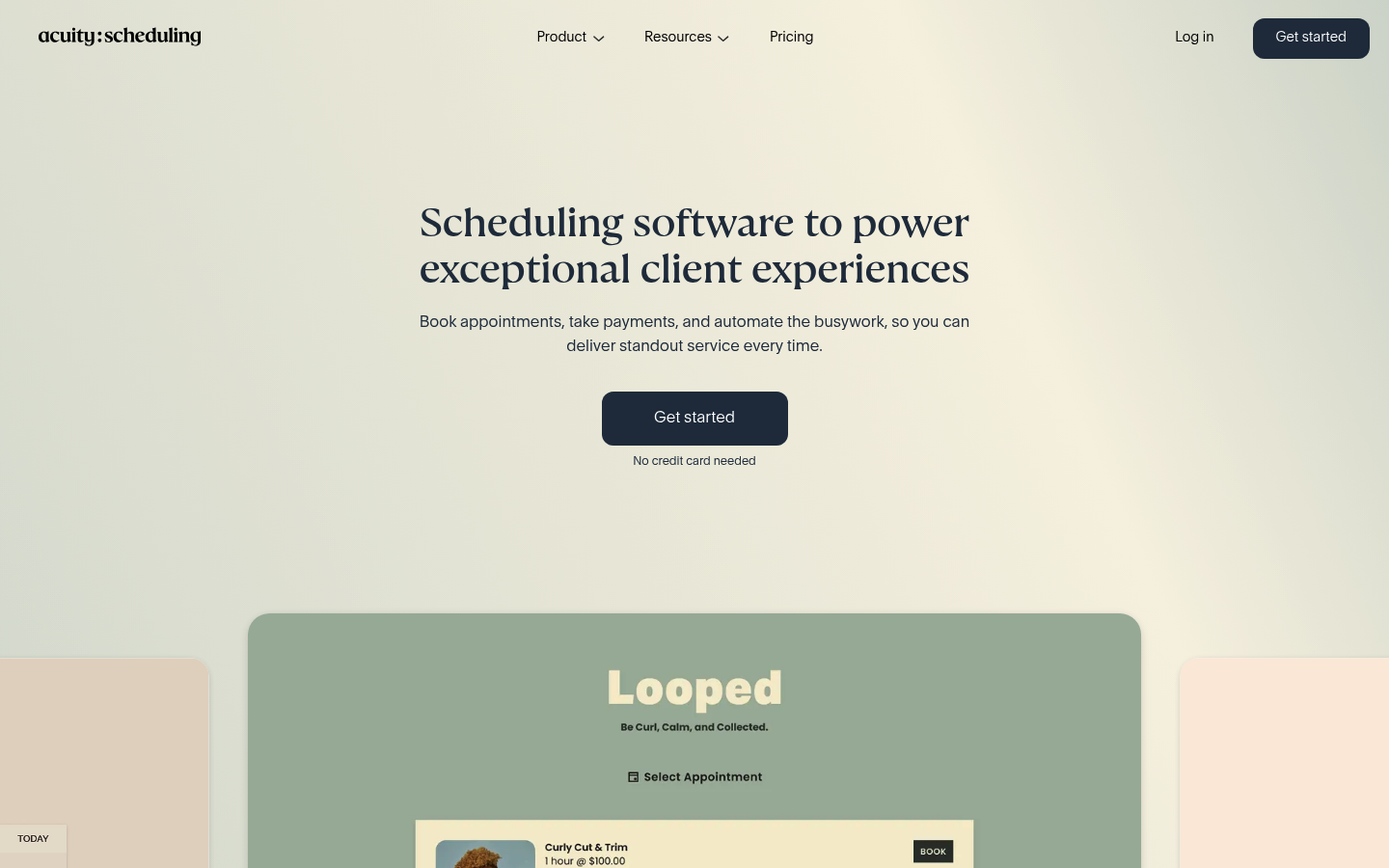 Acuity Scheduling homepage screenshot highlighting online booking and payments