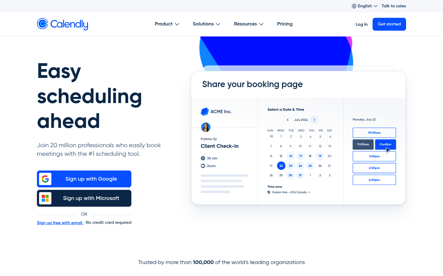 Calendly homepage screenshot showing scheduling and availability messaging