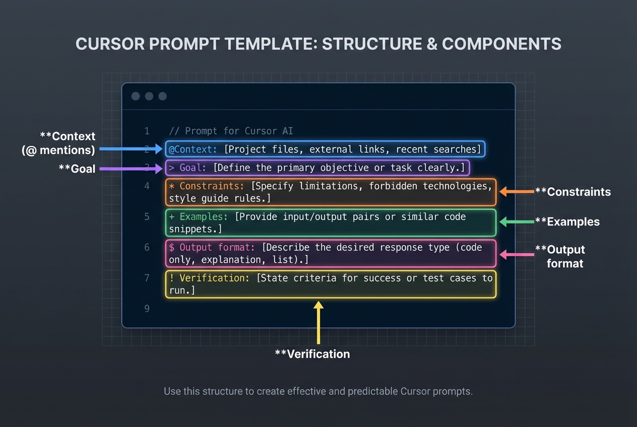 Illustration of a code editor prompt template with labeled sections for Goal, Context (@ mentions), Constraints, Examples, Output format, and Verification