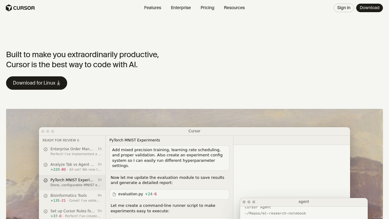 Cursor homepage screenshot showing the Cursor AI editor landing page
