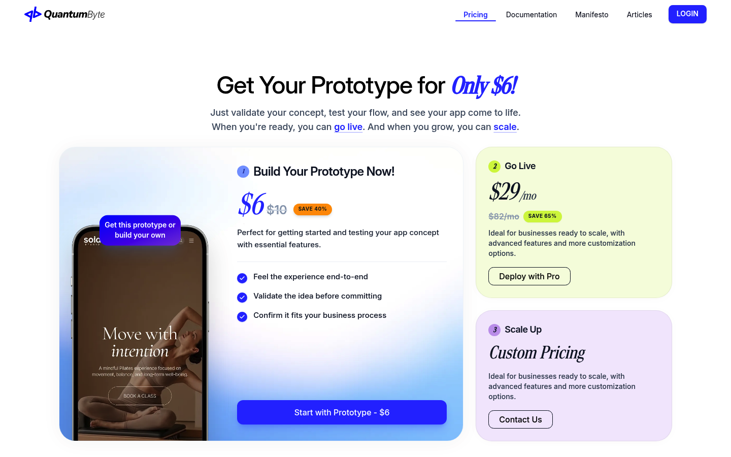 Screenshot of the QuantumByte pricing page showing plan options for building custom apps
