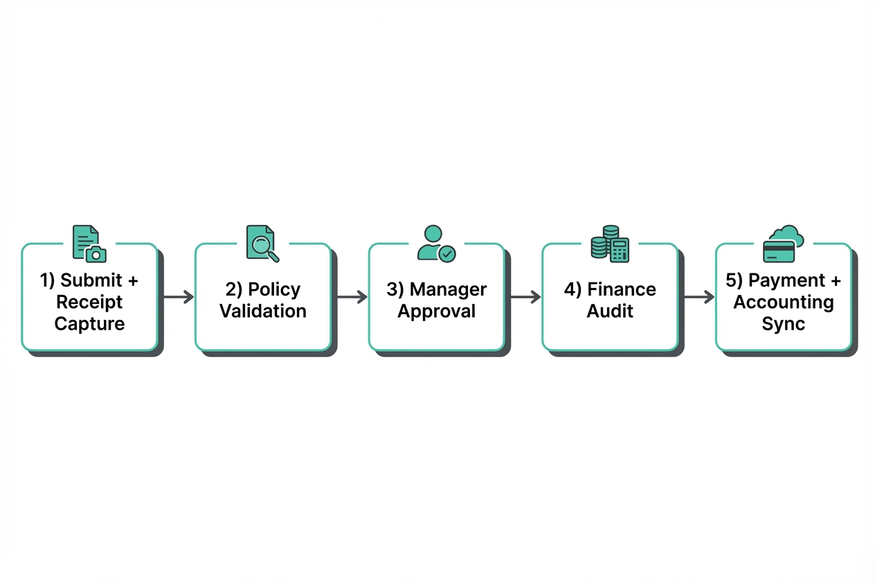 Flowchart of the five steps in an expense approval workflow