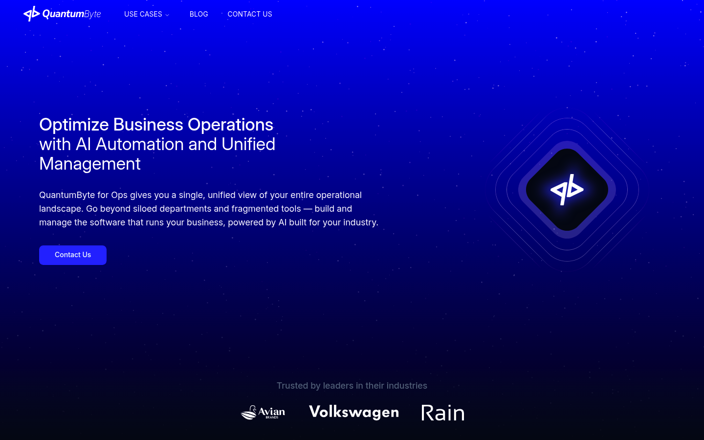 Screenshot of QuantumByte Enterprise page describing AI automation and unified management