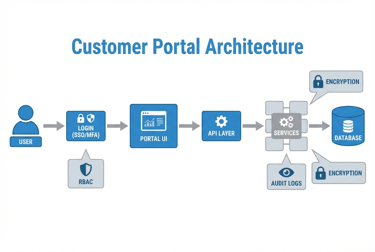 Customer portal architecture diagram showing user login with MFA/SSO, portal UI, API layer, services, database, and security controls like RBAC, audit logs, and encryption