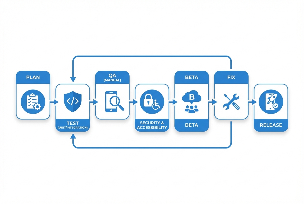 Diagram of an app testing workflow from plan to release