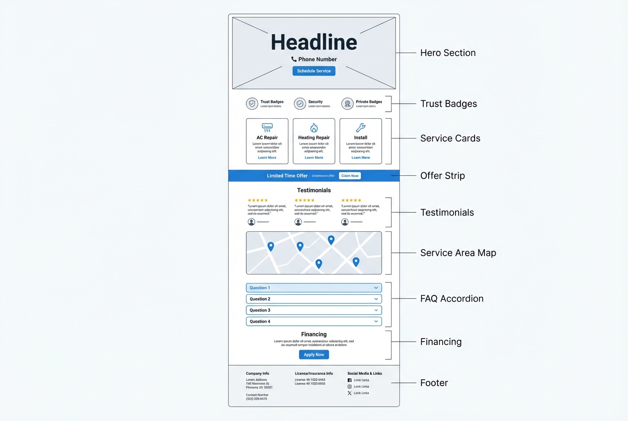 Wireframe diagram of an HVAC landing page showing a hero section, trust badges, service cards, offer strip, testimonials, service area map, FAQ, financing section, and footer license information