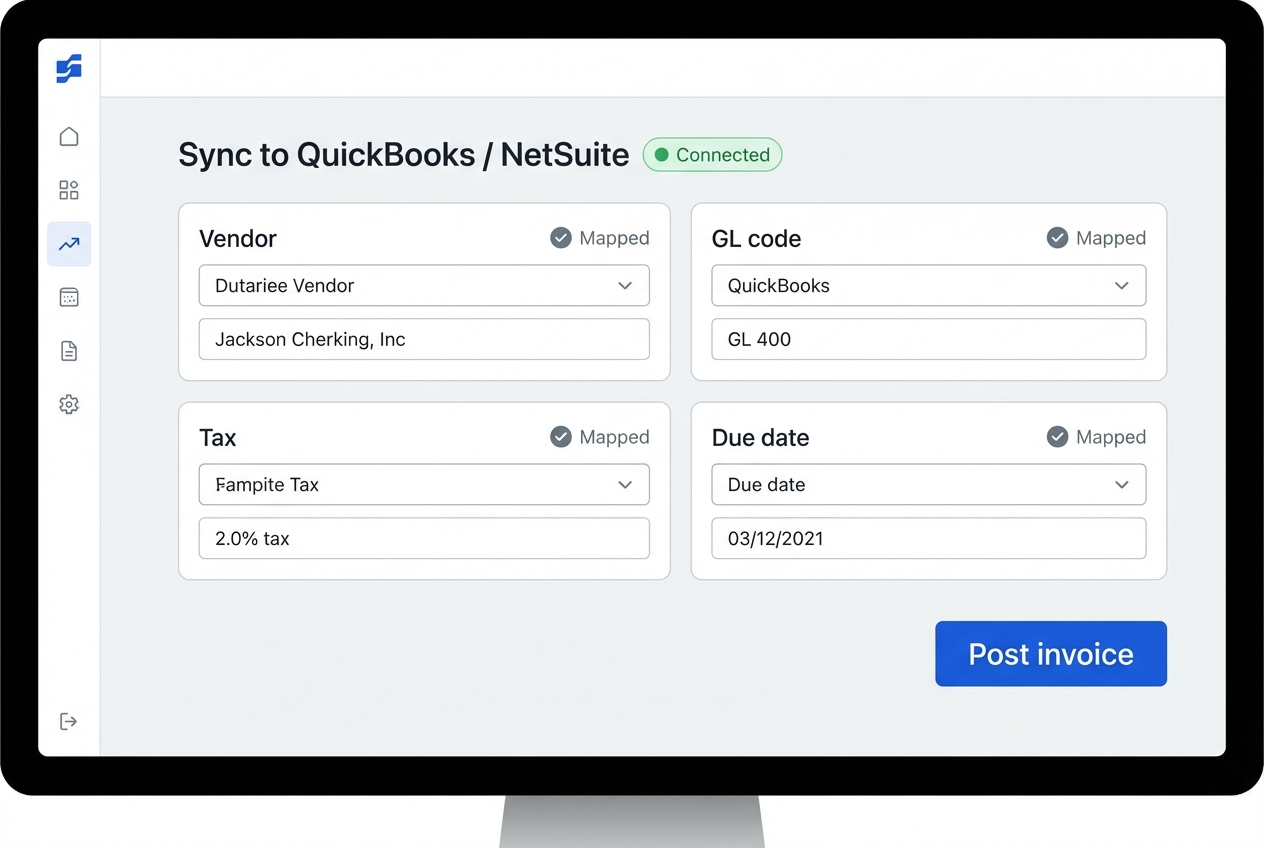 ERP integration screen showing field mapping and “post invoice” action