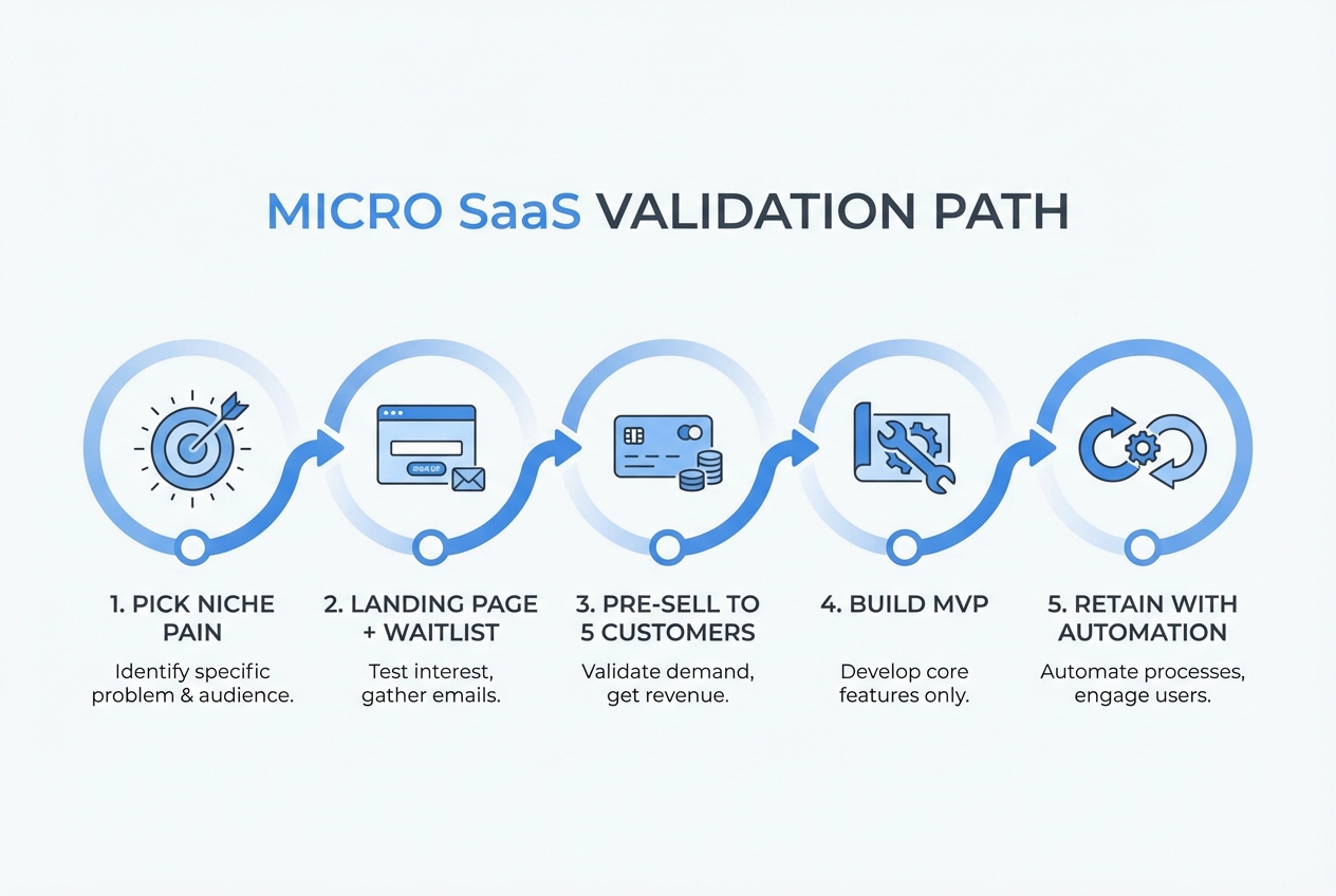 Micro SaaS validation path diagram showing steps: pick a niche pain, test demand, pre-sell, build the MVP, then retain with automation