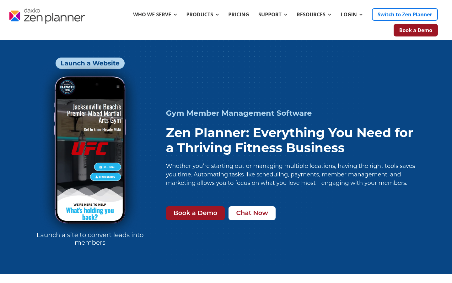 Zen Planner homepage screenshot showing gym and membership management positioning.