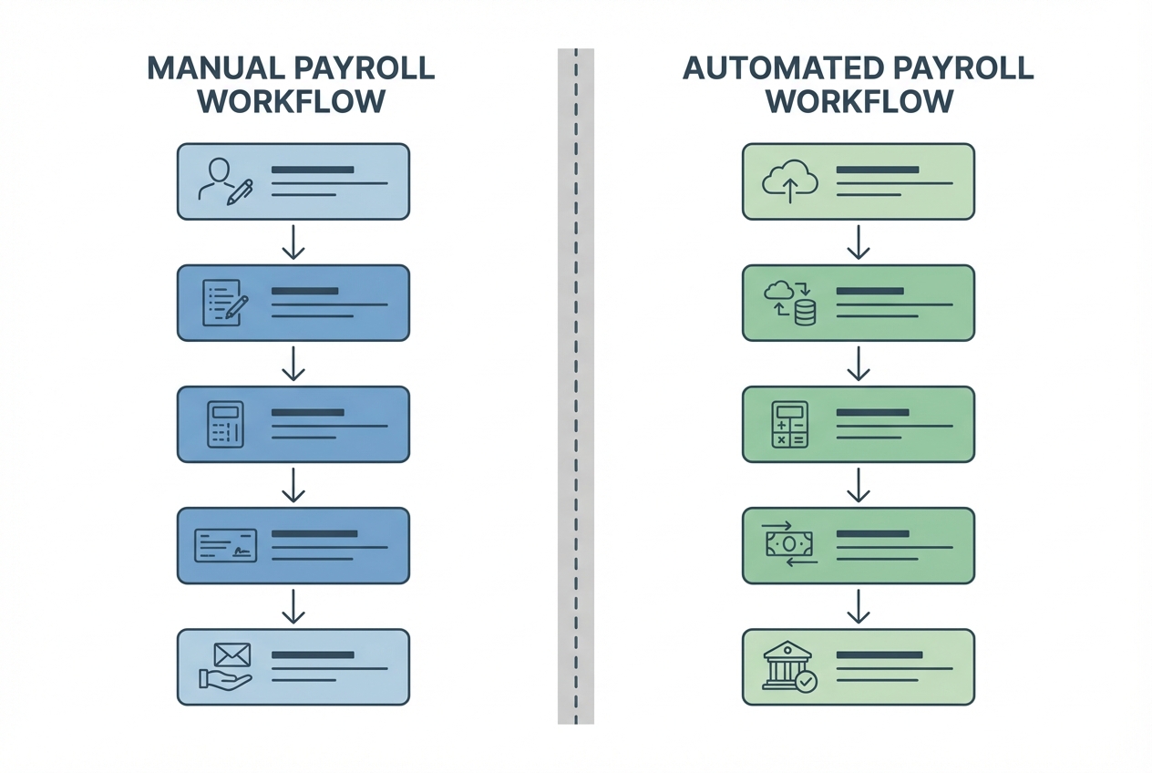 Flowchart comparing manual payroll workflow vs automated workflow