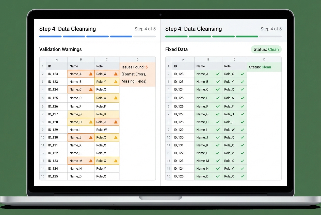 Employee data cleansing interface with validation highlights