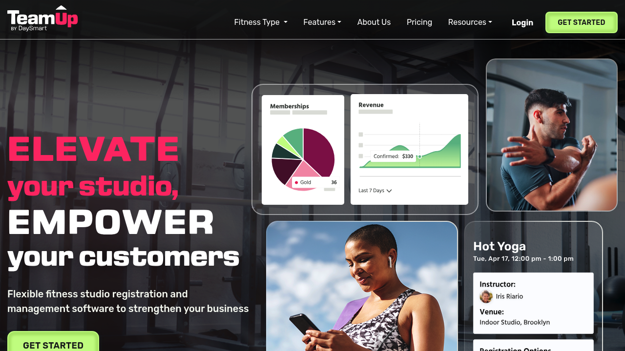 TeamUp homepage showing gym and studio membership management platform messaging