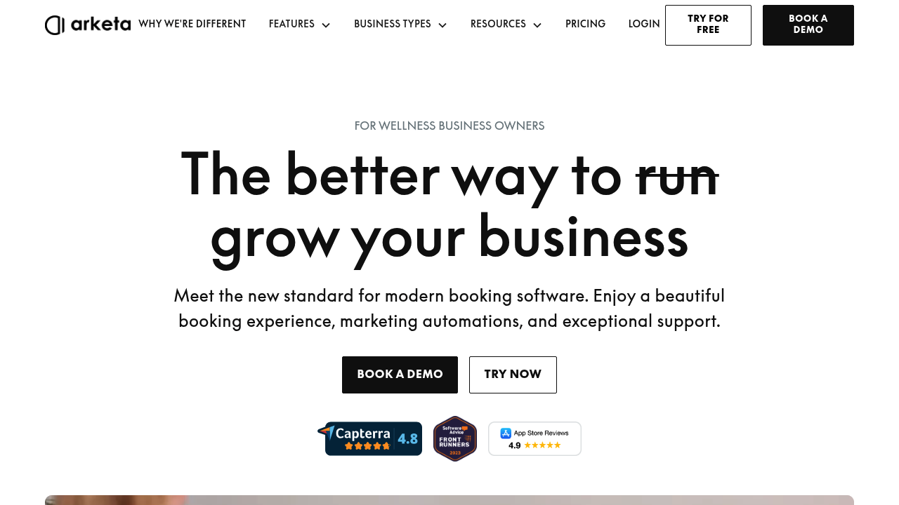 Arketa homepage showing boutique fitness booking and membership platform messaging
