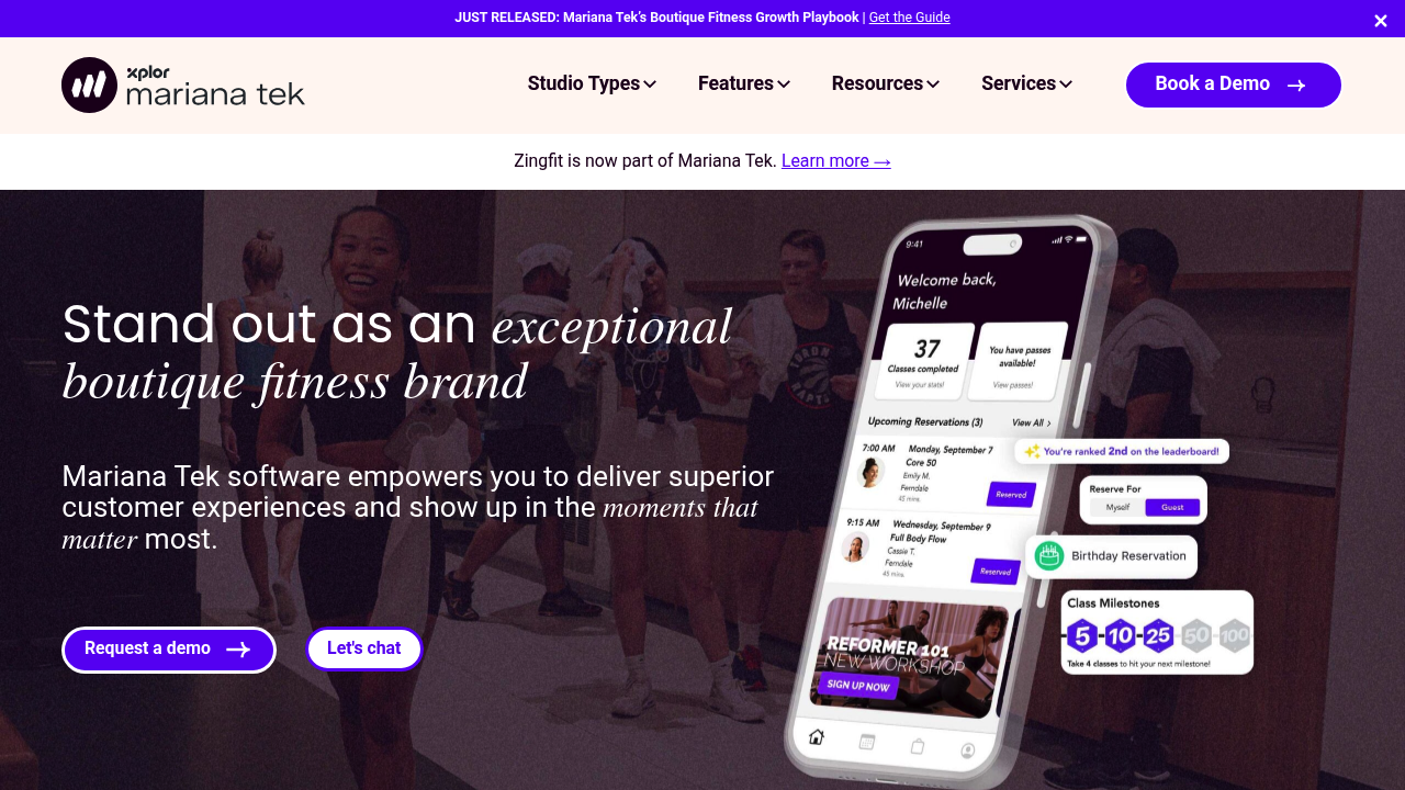 Mariana Tek homepage showing boutique fitness enterprise software messaging
