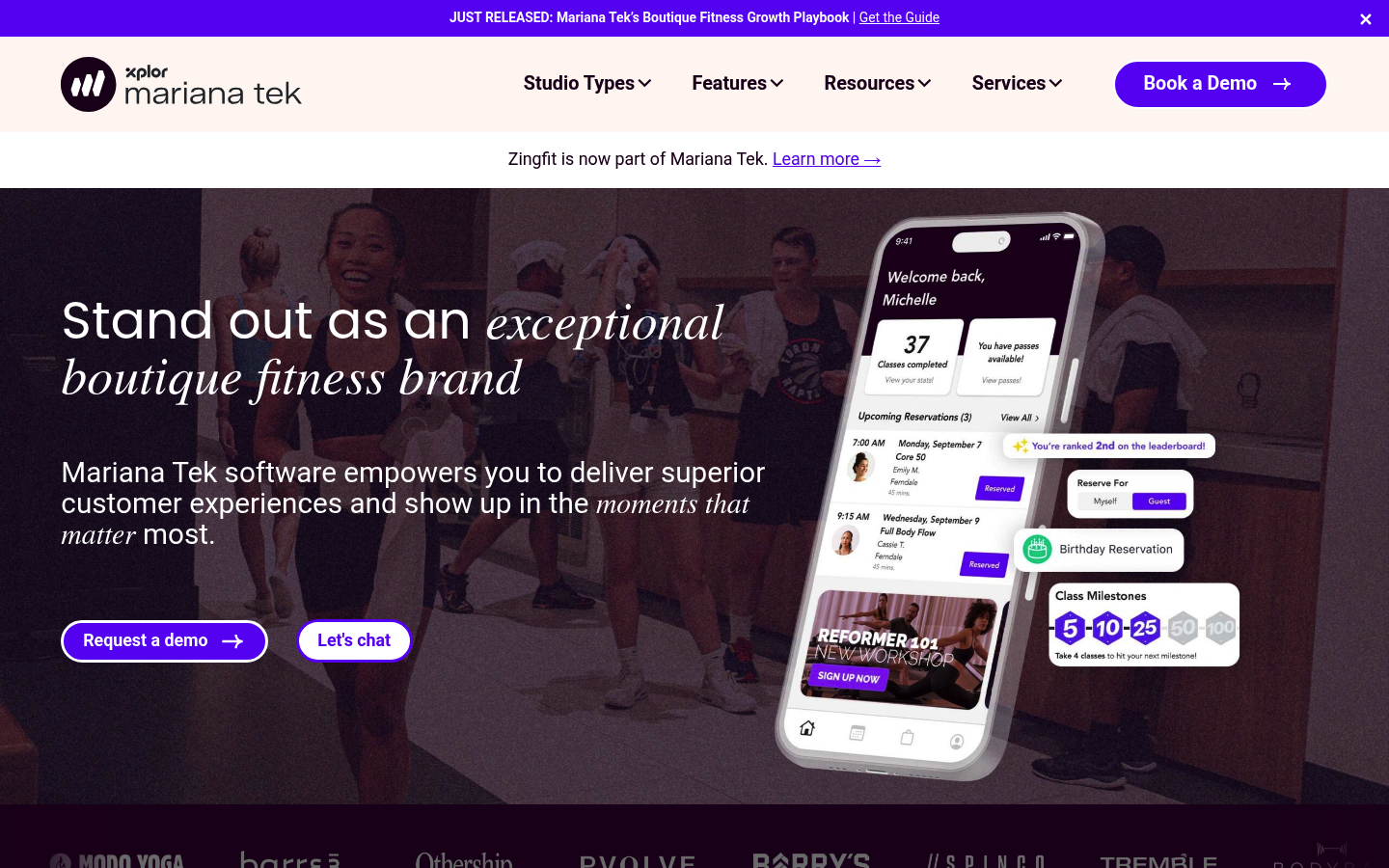 Mariana Tek website homepage showing fitness studio management platform