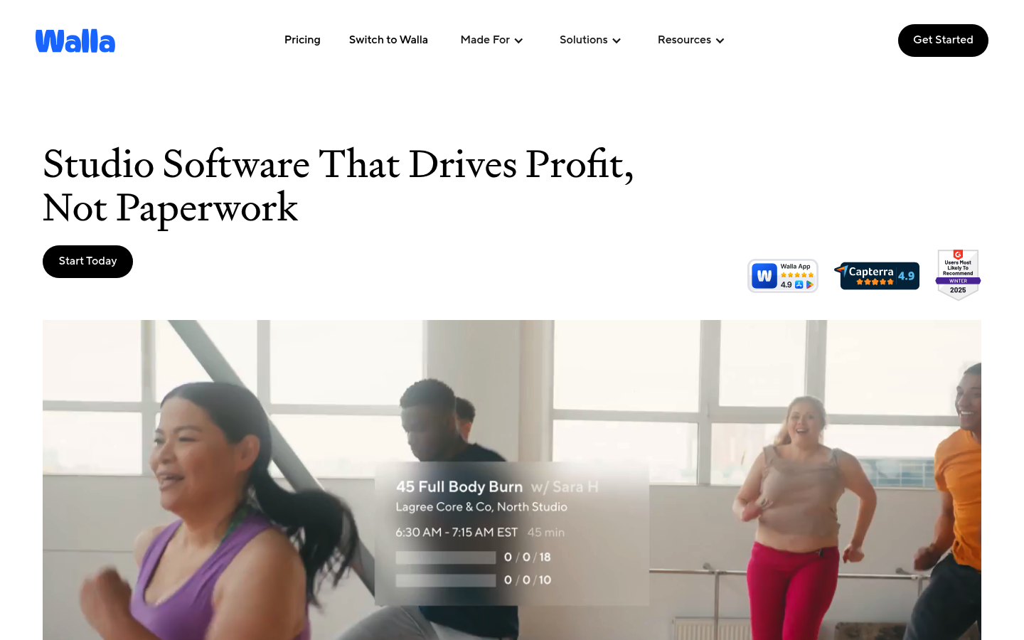 Walla website homepage showing boutique fitness studio scheduling and growth platform