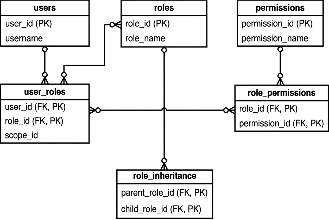 RBAC Data Model Visualization showing users, roles, and permissions tables