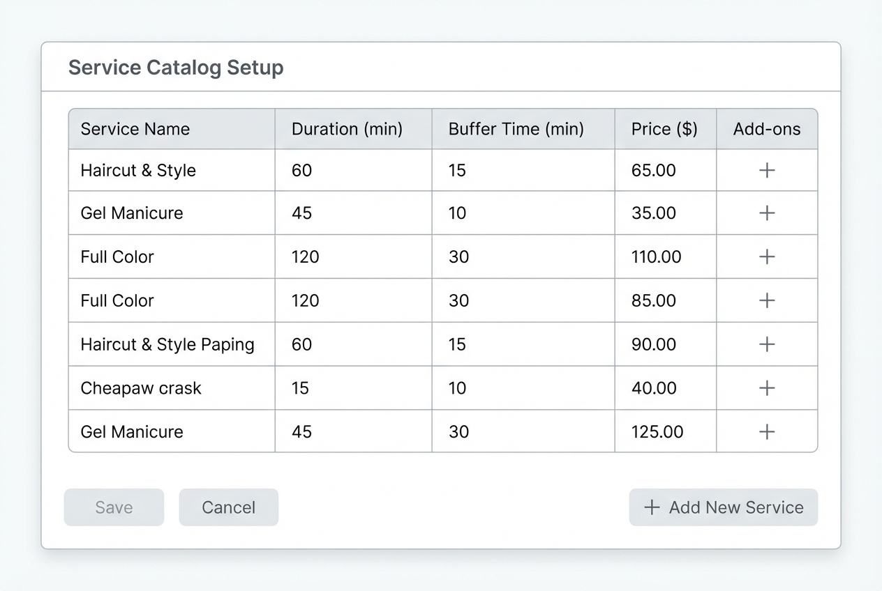 Service catalog setup screen showing services with duration, buffer, price, and add-ons