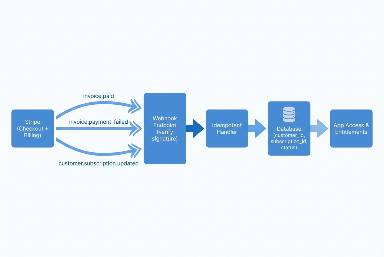 Diagram showing a Stripe subscriptions webhook handling flow: Stripe events to webhook endpoint, signature verification, idempotent handler, database update, and access gating