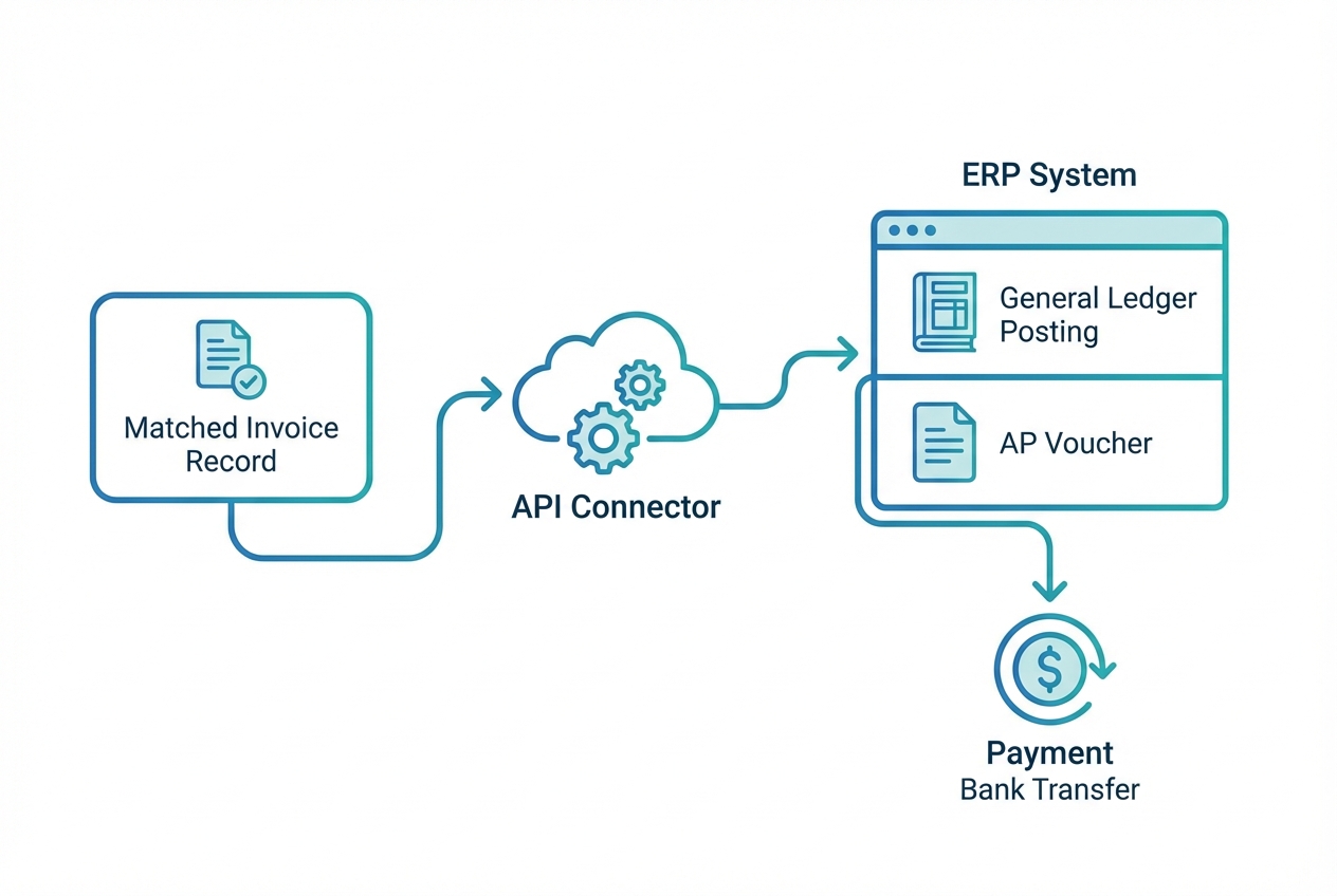 Diagram showing matched invoice data syncing into ERP posting and payment workflow