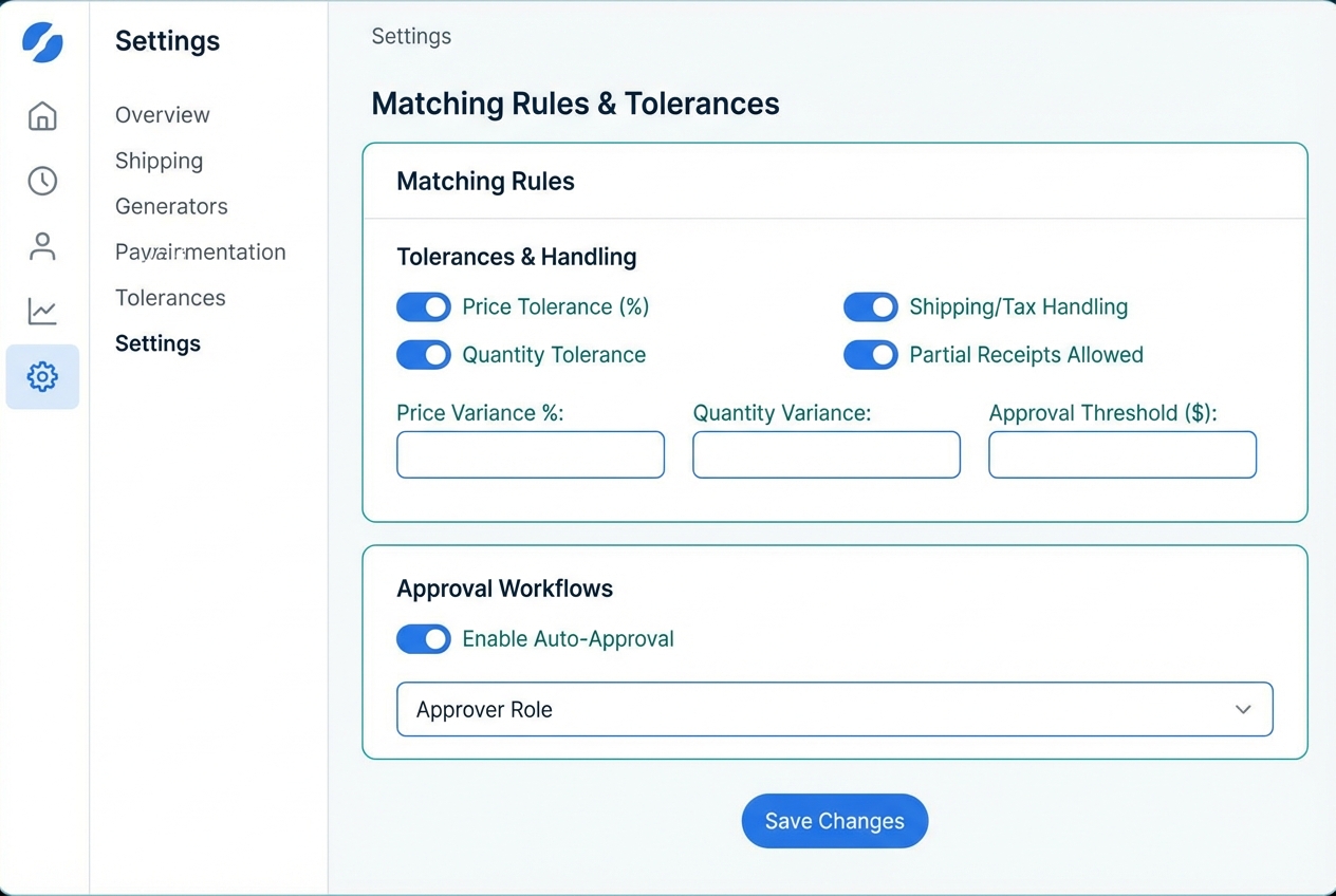Settings screen mockup showing tolerance rules for price, quantity, partial receipts, and approvals