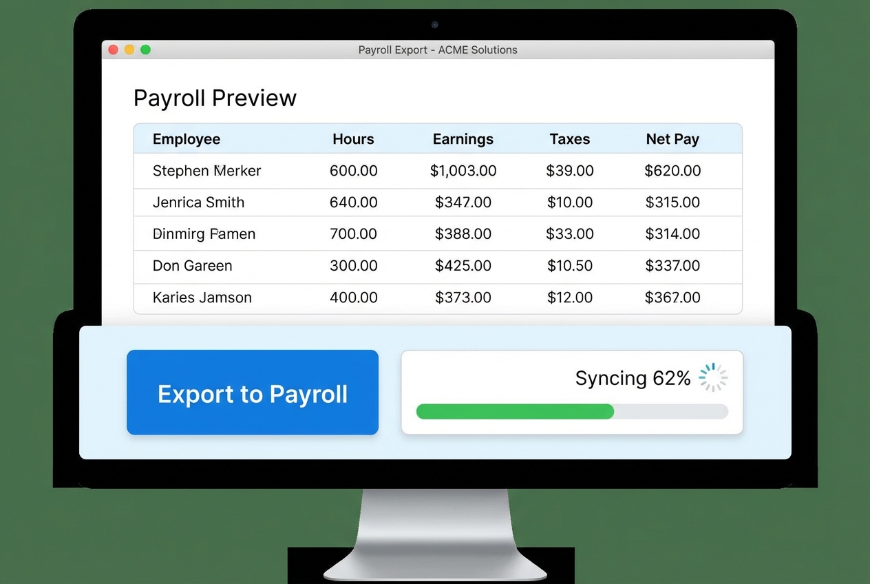 Payroll export screen with payroll preview and syncing progress bar