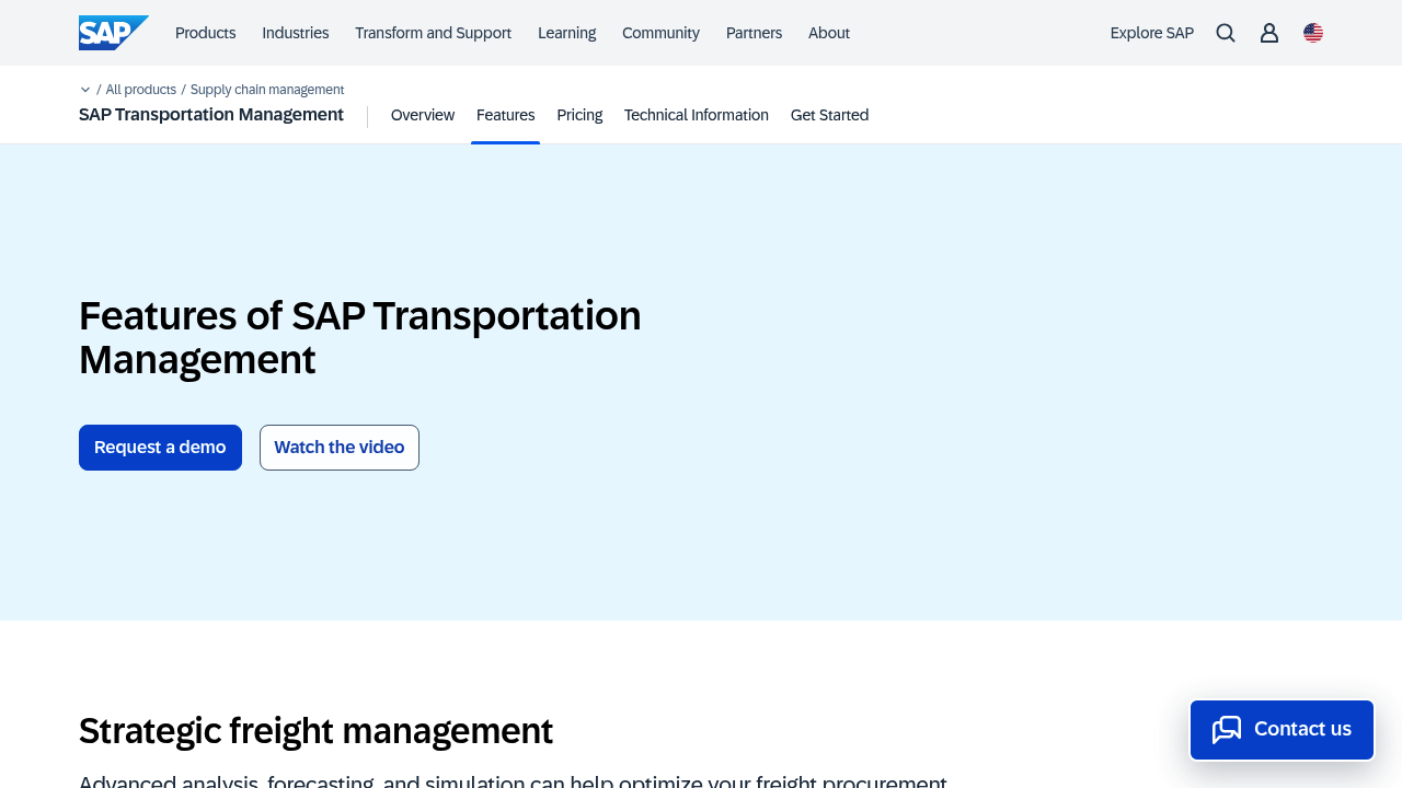 SAP Transportation Management features page screenshot