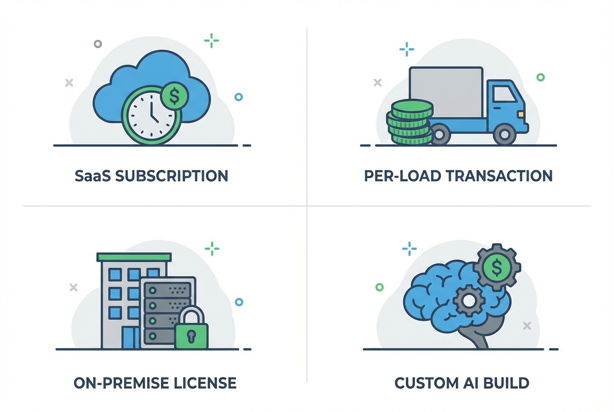 Diagram of four transportation management system pricing models: SaaS subscription, per-load, on-premise license, and custom AI build