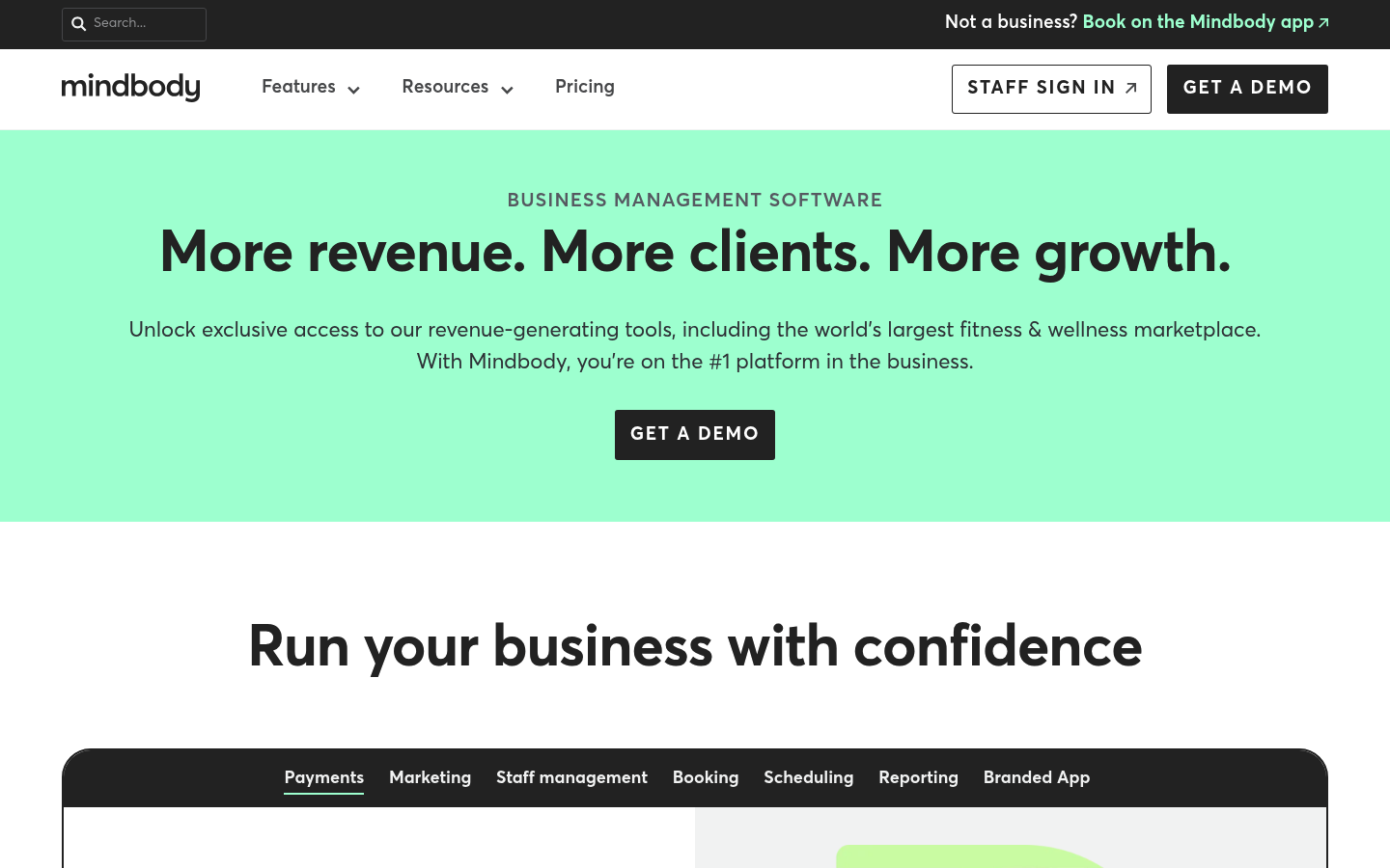 Screenshot of Mindbody homepage highlighting fitness and wellness business management software