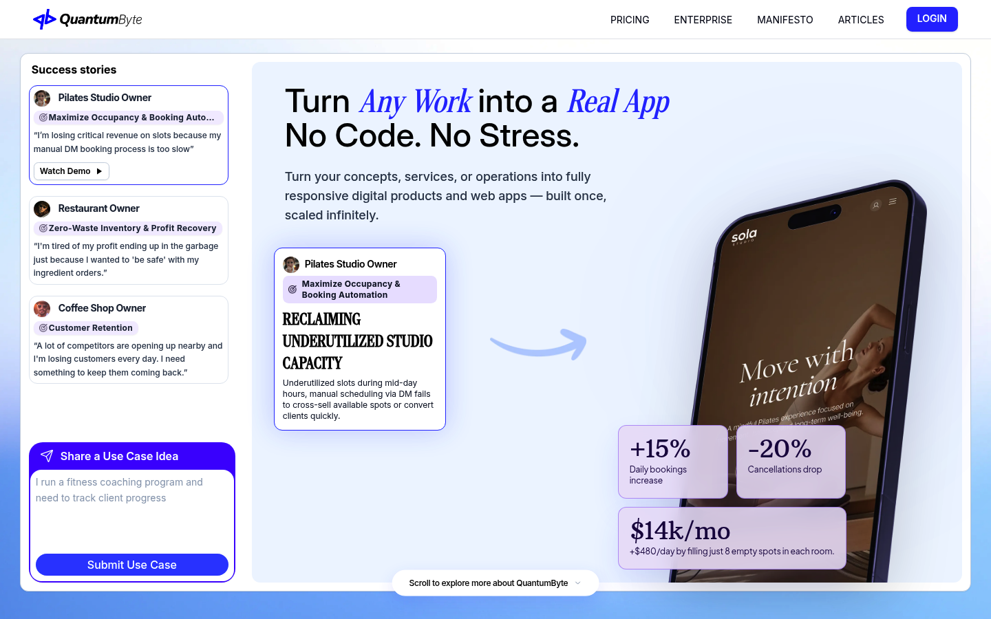 Screenshot of the QuantumByte homepage describing AI-guided no-code app building