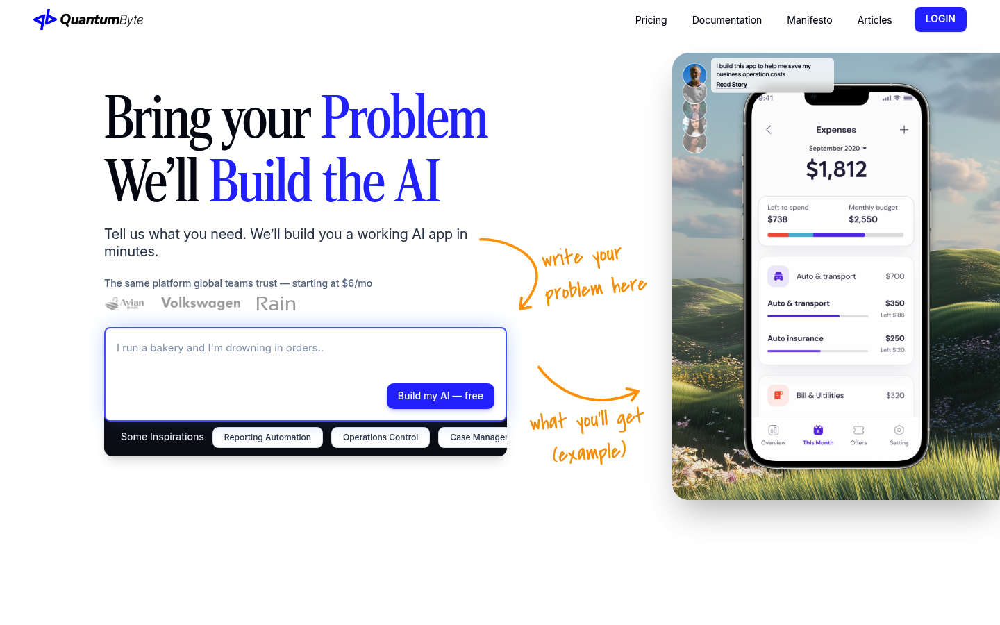 Screenshot of the QuantumByte website homepage describing the AI app builder platform