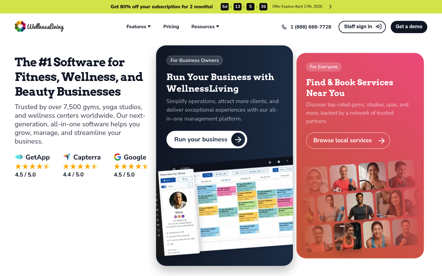 WellnessLiving homepage screenshot showing the WellnessLiving brand and product positioning
