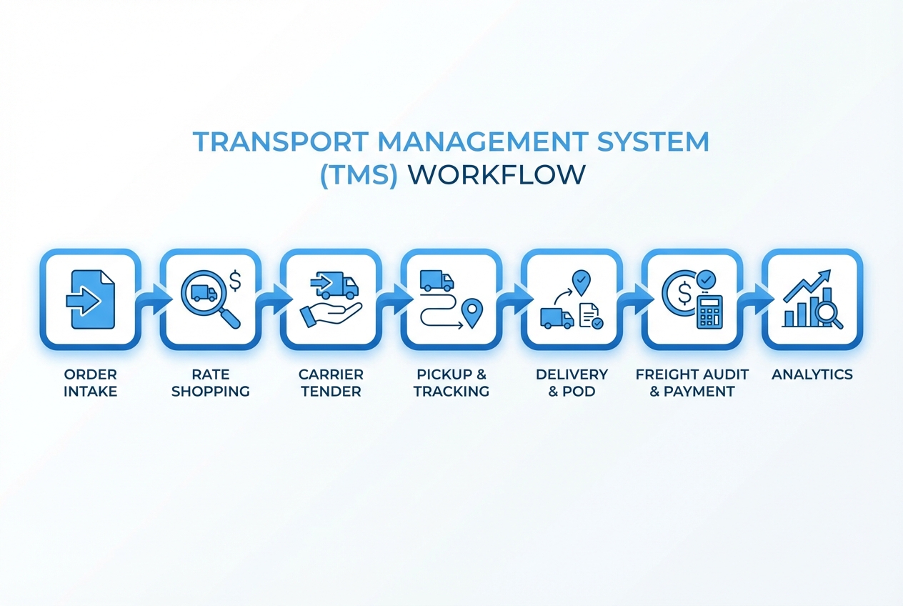 Diagram of a transport management system workflow from order intake to freight audit and analytics