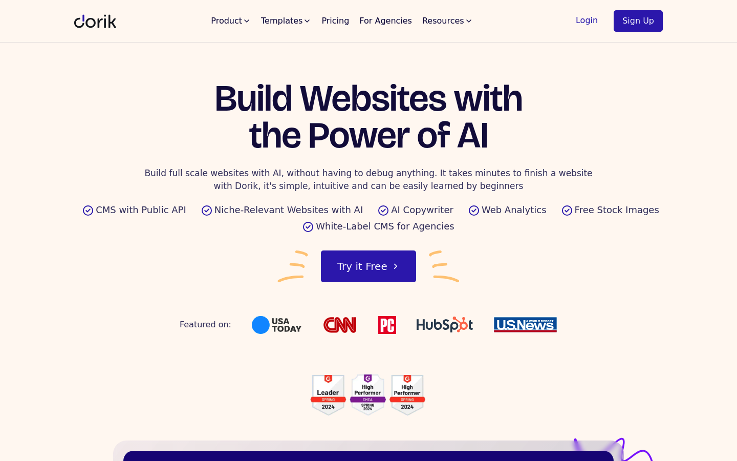 Dorik homepage showing website builder and no-code creation messaging