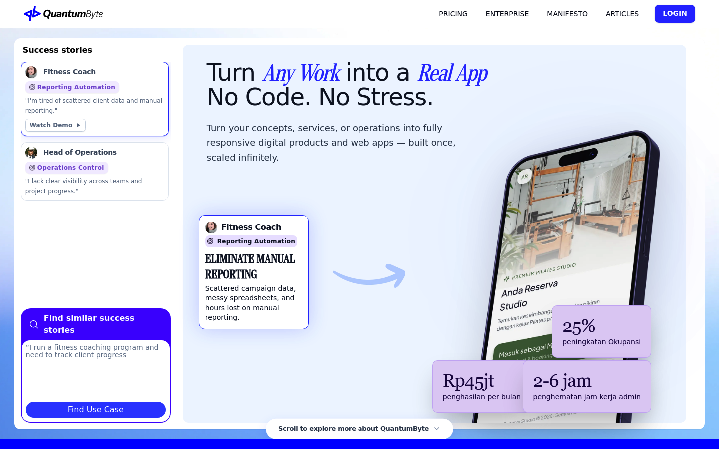 QuantumByte homepage showing AI app builder positioning and product UI